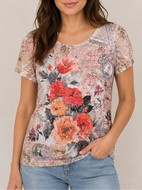 Vintage Conrad C Collection Petite Floral Lace Sleeve Tee Pink SP